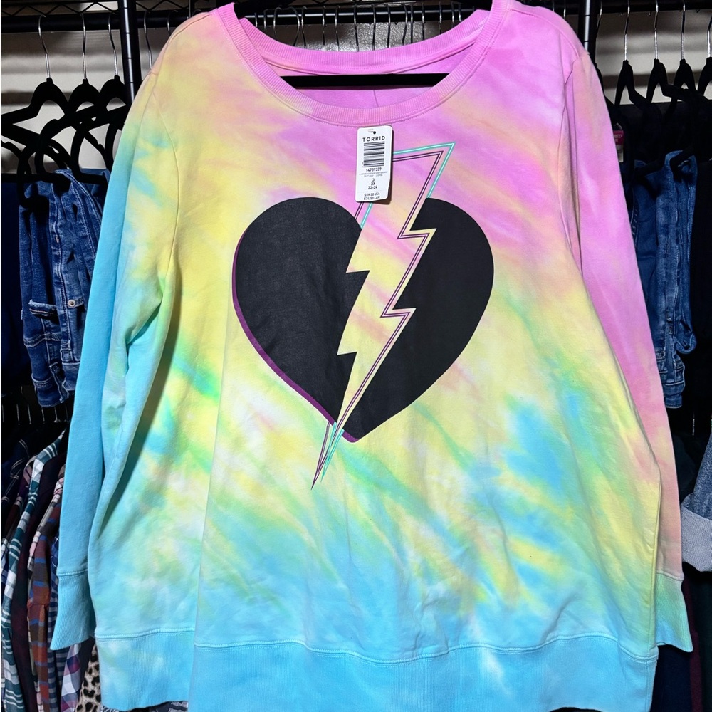 LoveSick Heart Breaker Fleece Multi Tie-Dye Crewneck Sweatshirt NWT